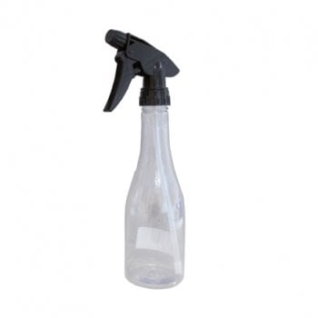 A clear plastic spray bottle